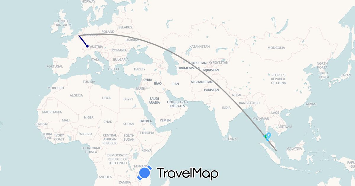 TravelMap itinerary: driving, bus, plane, boat in Belgium, Switzerland, Malaysia, Thailand (Asia, Europe)